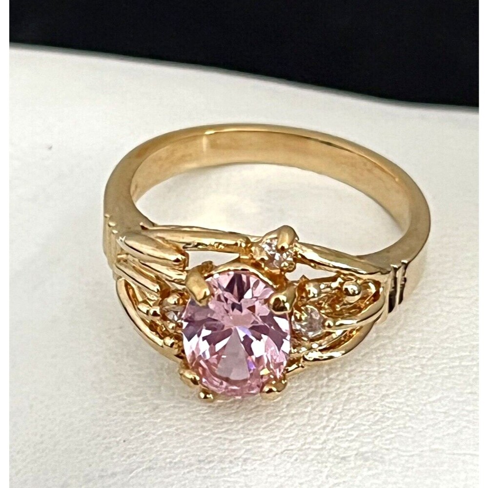 Vintage 1970s Ring Size 5 Pink CZ Cocktail Gold Plated Band - 14V - Picture 5 of 6